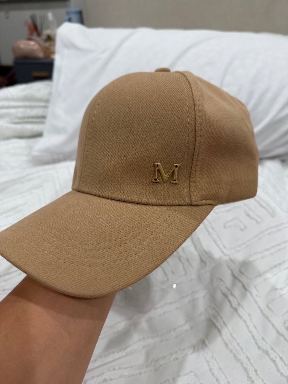 Tan Khaki Baseball Cap Gold M Letter Initial Adjustable New